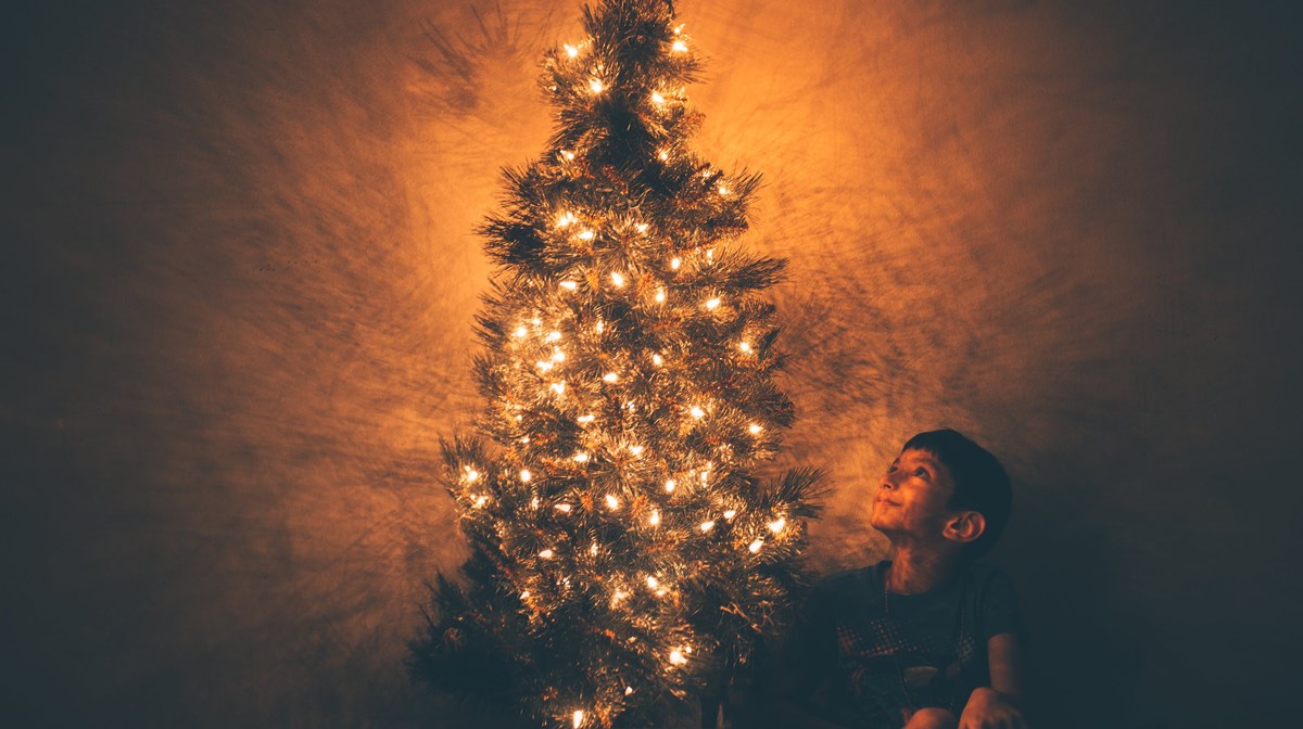 En pojke tittar upp på en julgran