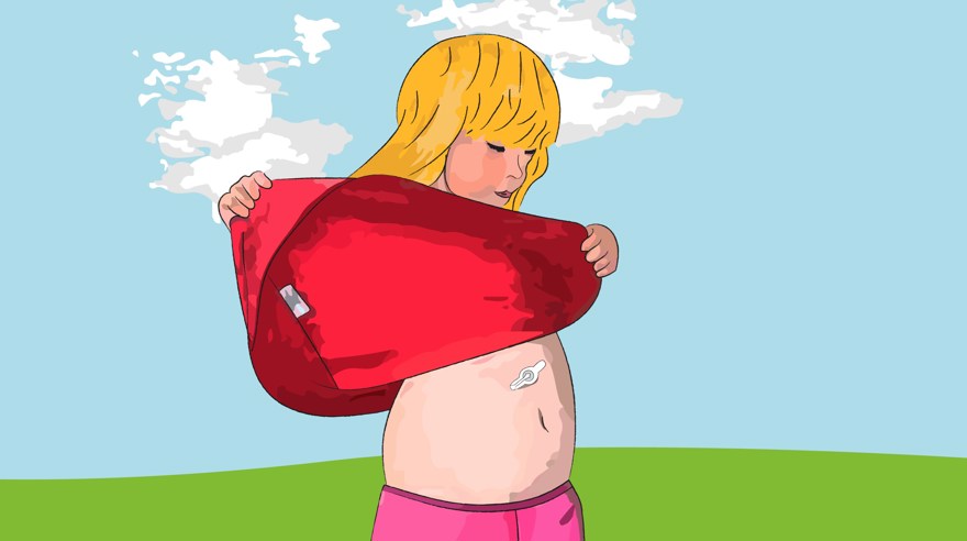 Omslagsbild av den tryckta versionen av munvårdsprogrammet. En person som tittar ner på sin knapp på magen.