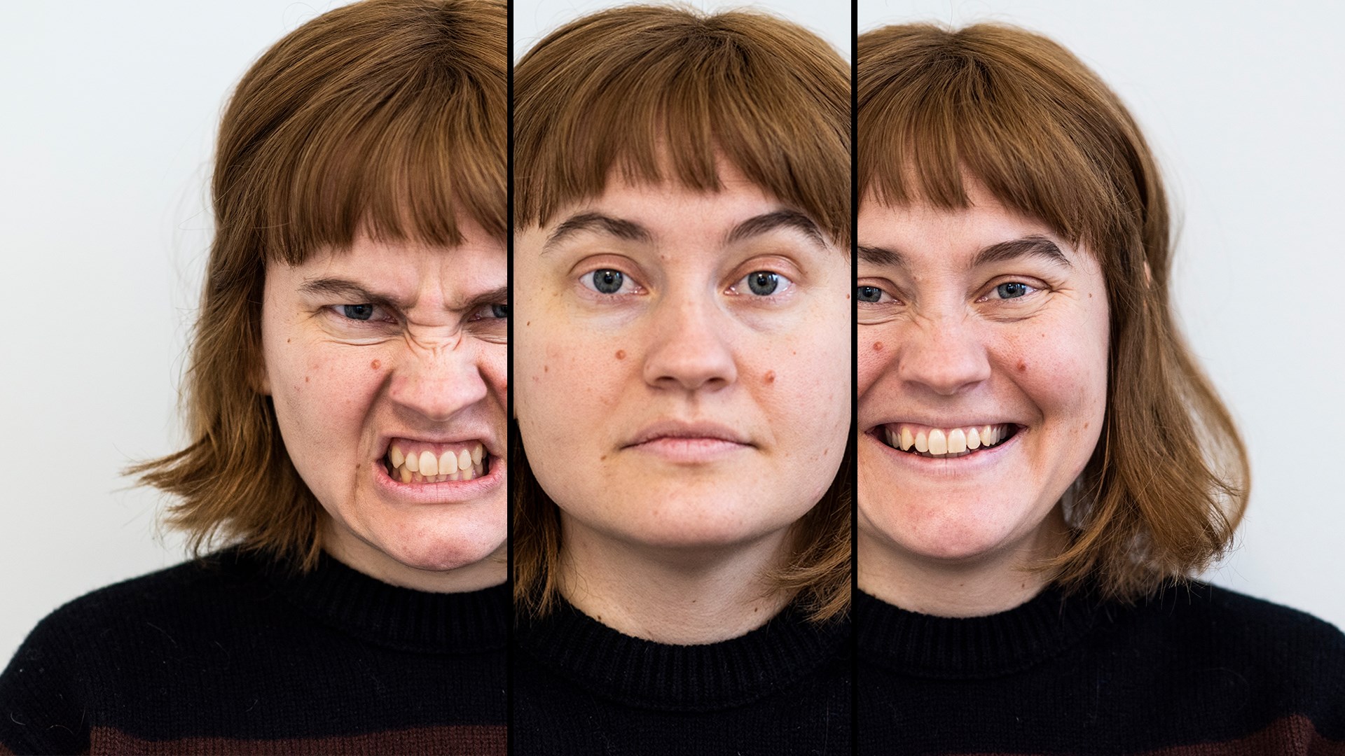 En bild som visar tre likadana ansiken. Den första är arg, den andra är neutral, den tredje är glad.