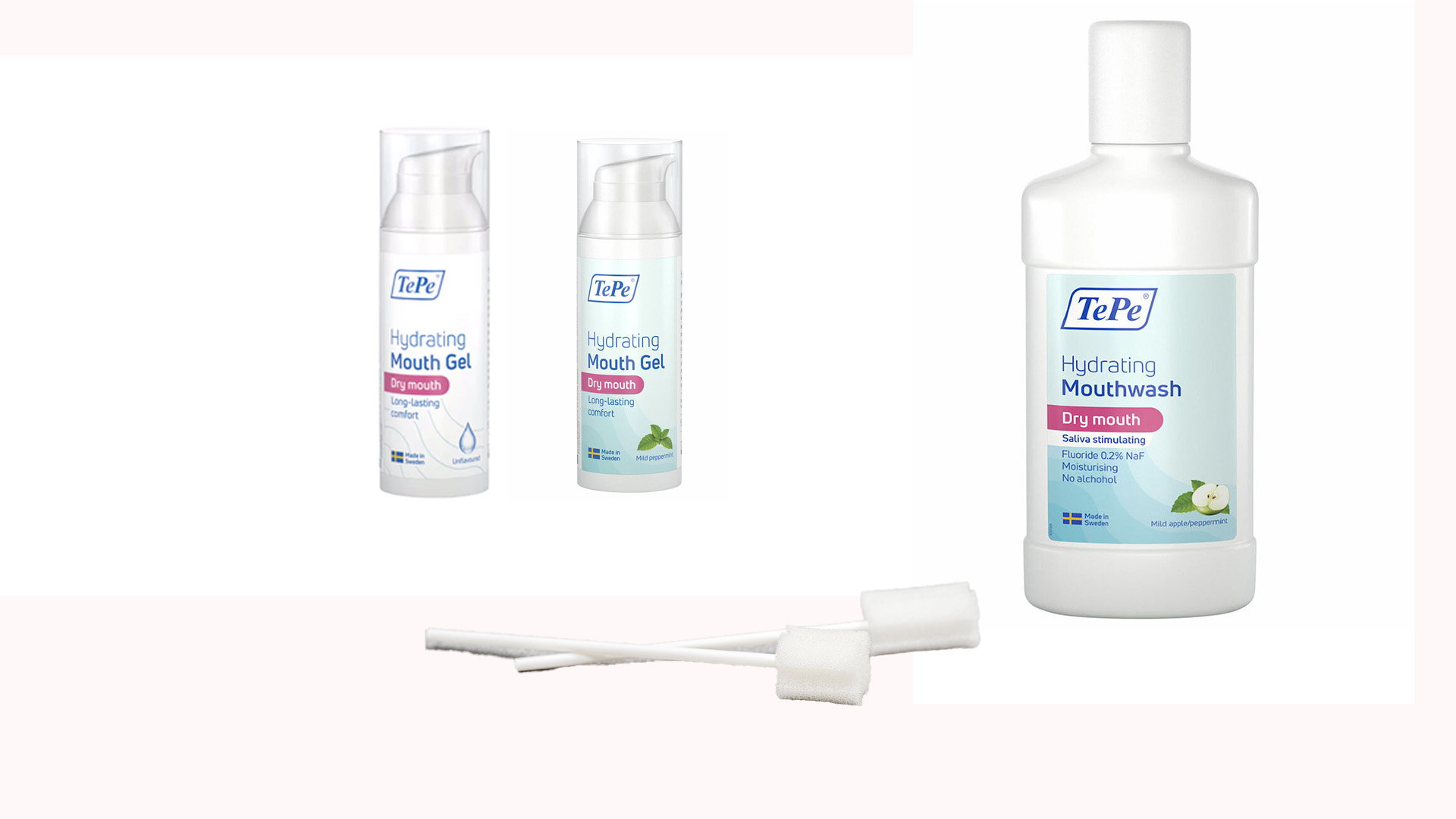 tre olika tepeprodukter som smörjer munnen