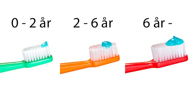 Tre tandborstar med olika mängd tandkräm: 0-2 år, 2-6 år, 6 år -
