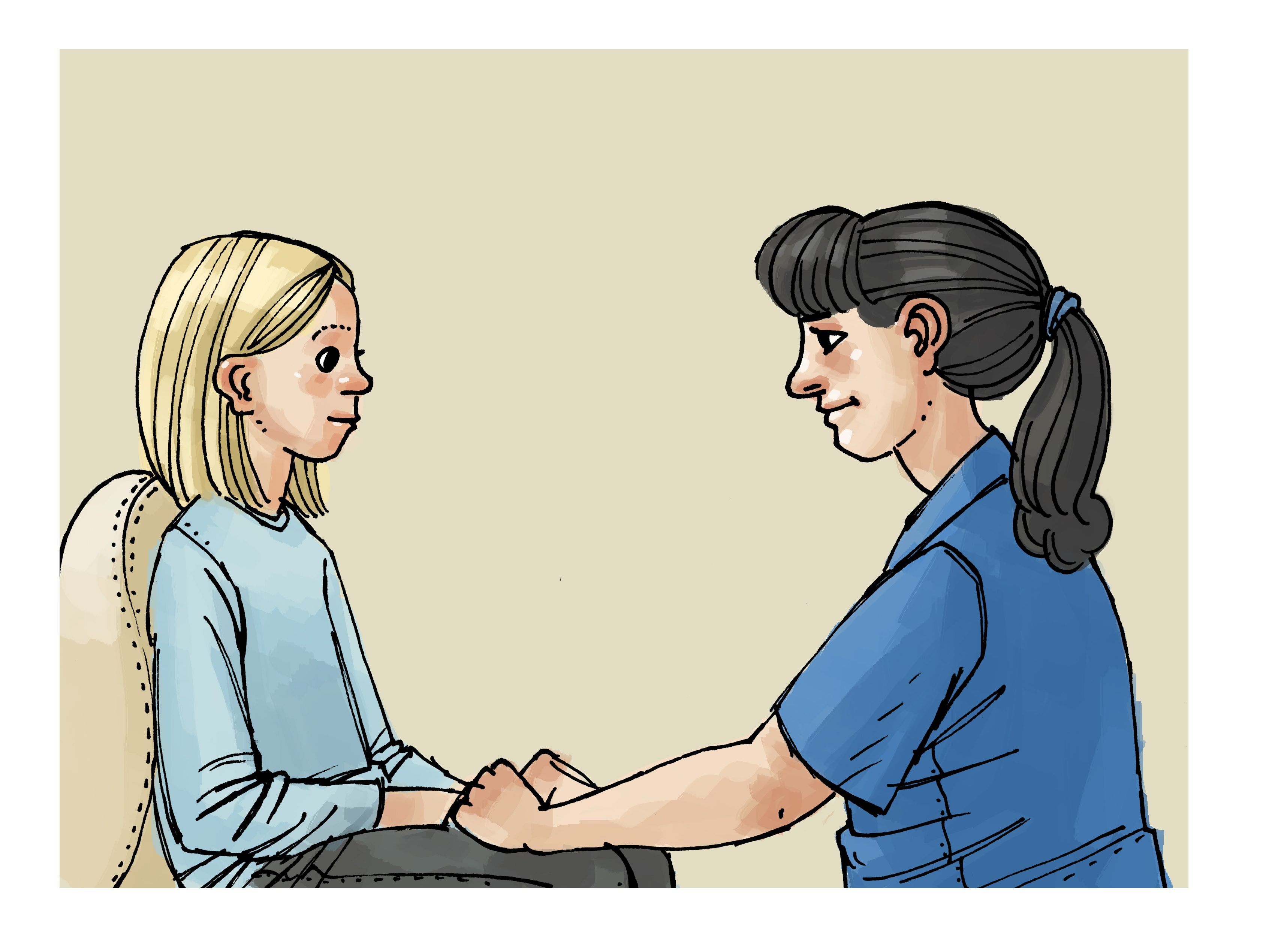 På bilden sitter en patient i en stol och behandlare framför patienten i ögonhöjd. De tittar på vandra.